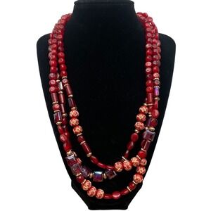 Vintage Red Statement Necklace Multi Strand Glass Wood Beaded Chunky